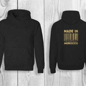 Hoodie met streepjes code en Made in Morocco op de achterkant